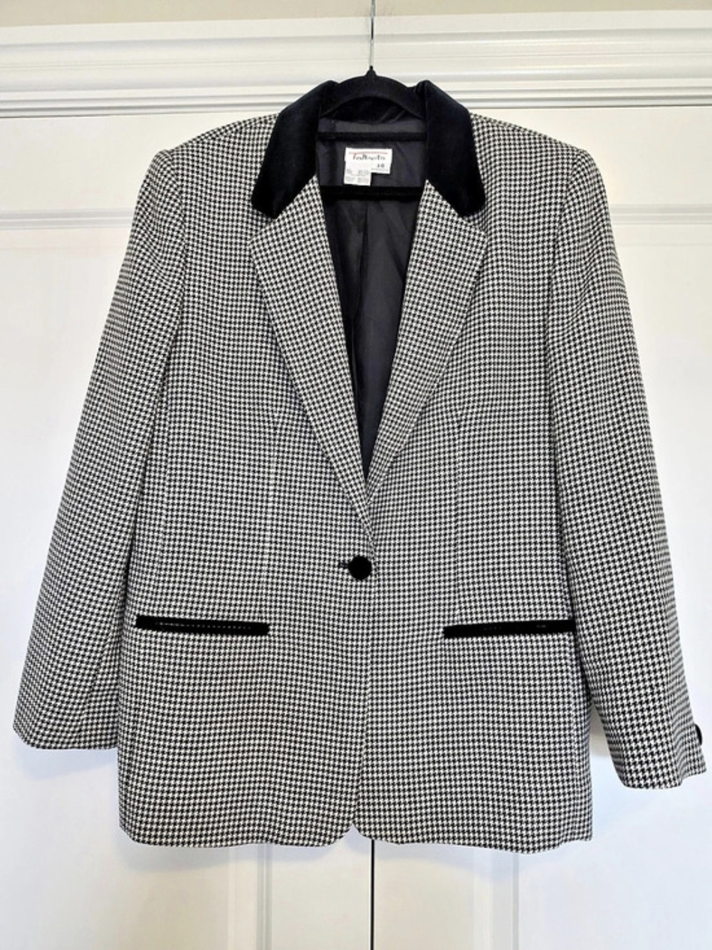 TALBOTS VINTAGE 90S WOOL HOUNDSTOOTH BLAZER VELVET COLLAR SIZE 14